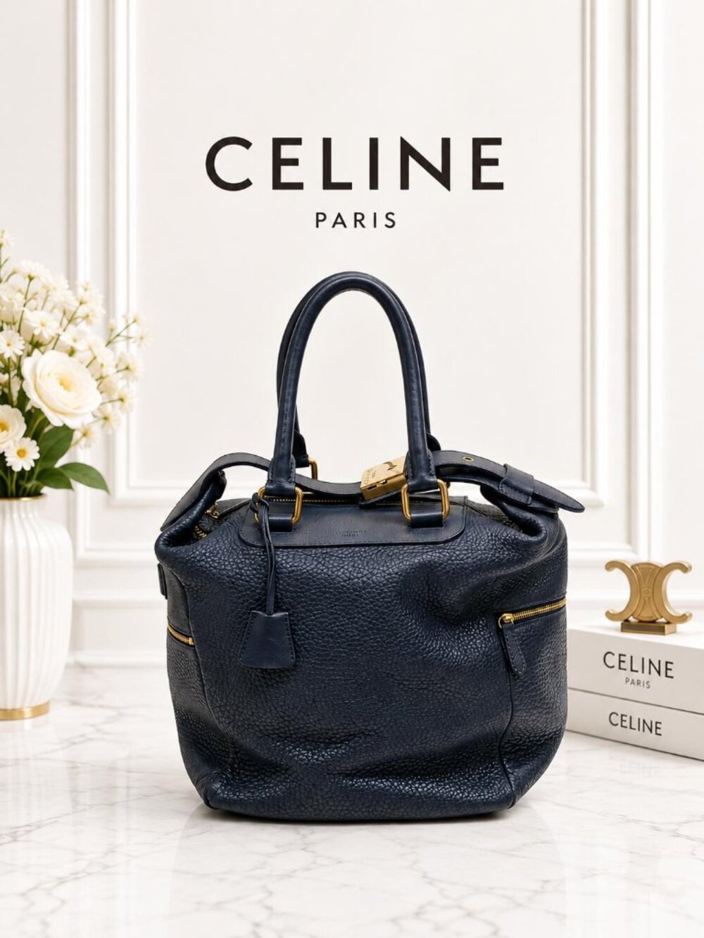 Authentic Celine Navy Blue Pebbled Leather Padlock Top Handle Doctor Satchel Bag